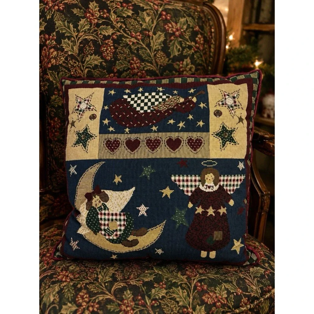 Vintage Christmas Tapestry Pillow Angels Moon Stars Folk Art Cottagecore Decor